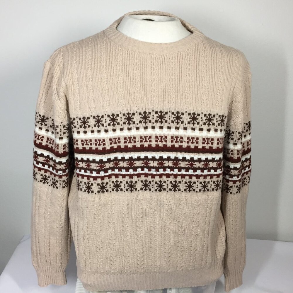 Vintage 1970s 80s Sweater Mens Medium Fair Isle Stripe Brown Tan